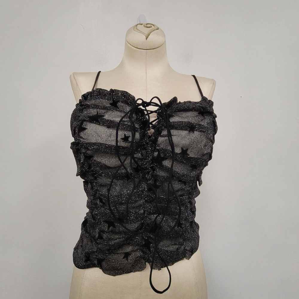 Witchy Lace Up Top Size M Whimsigoth Celestial Metallic Ruched Stars Alternative